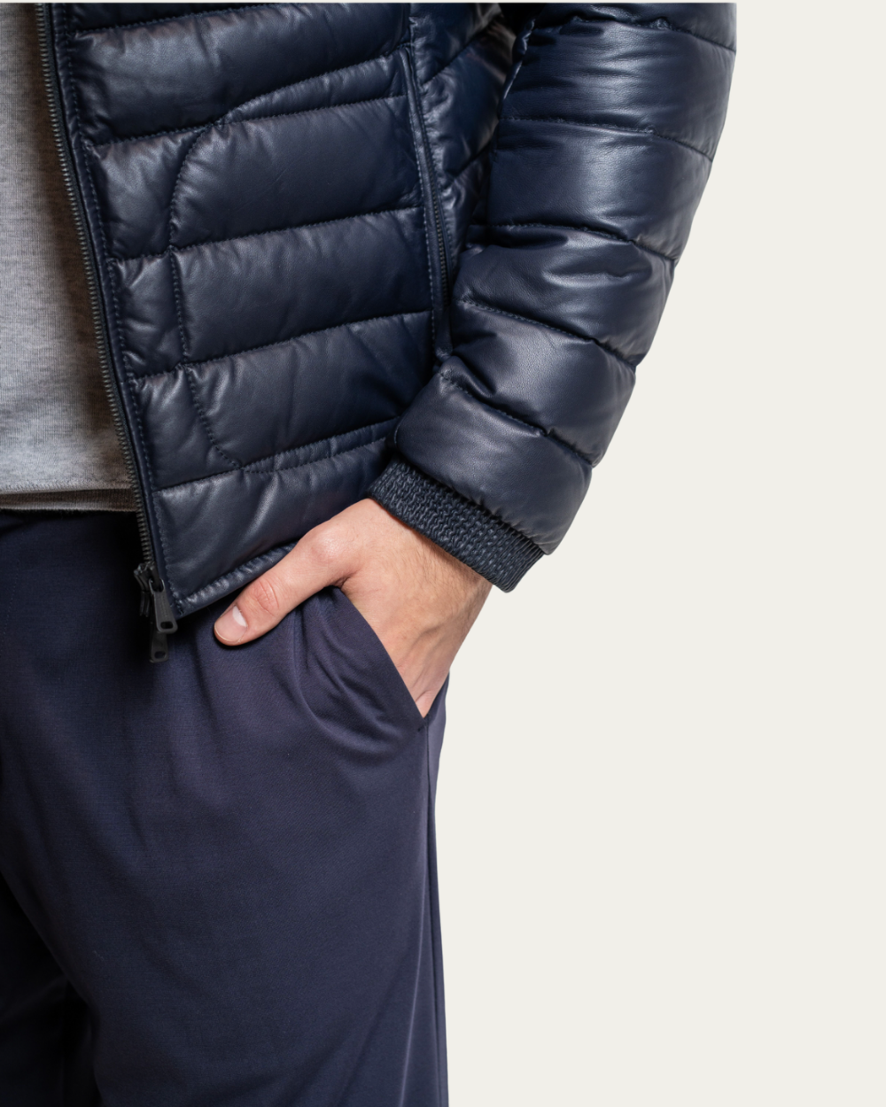 Heinz Bauer Manufaktur - Navy Blue Speedster Down Leather Jacket