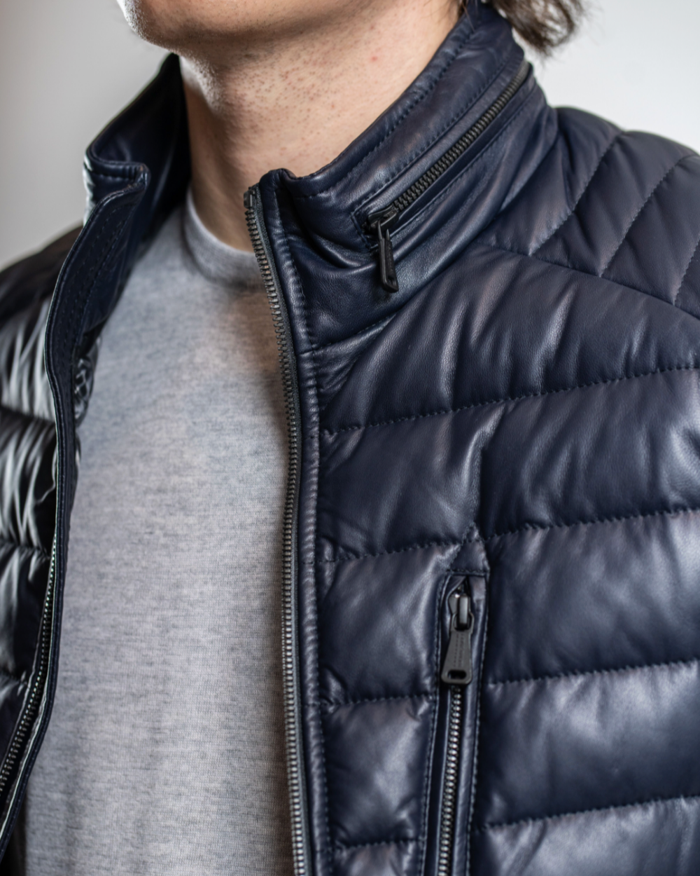 Heinz Bauer Manufaktur - Navy Blue Speedster Down Leather Jacket