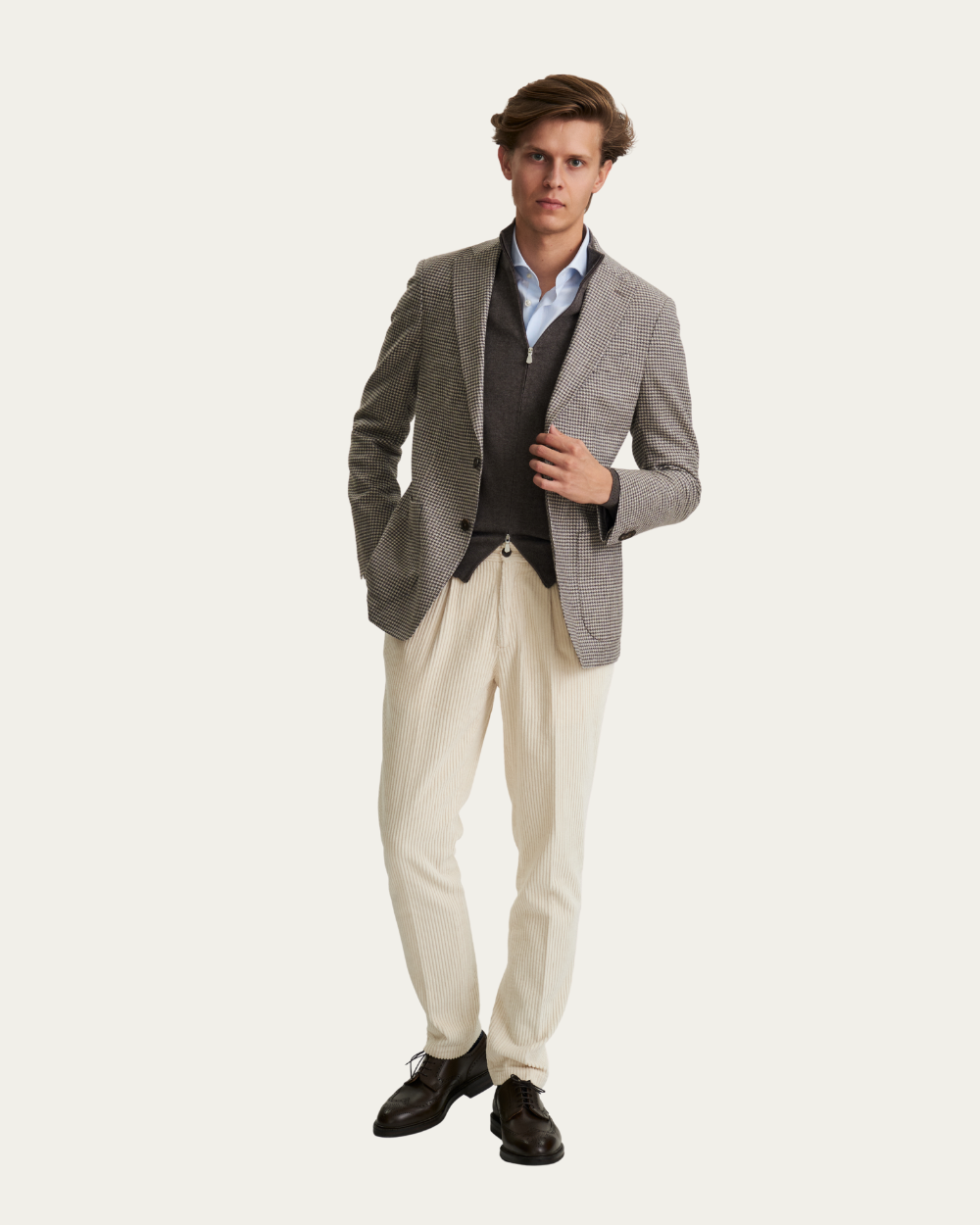Beige Houndstooth Twill Soft Jacket | Emanuel Berg