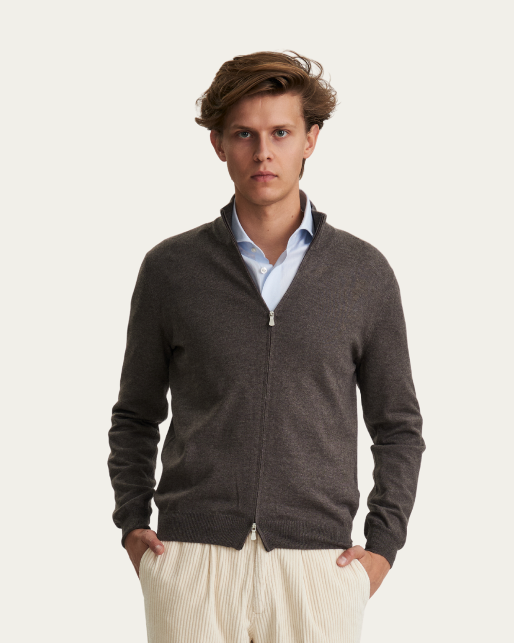 Brązowy sweter z dziewiczej wełny z zamkiem błyskawicznym | BERG'S