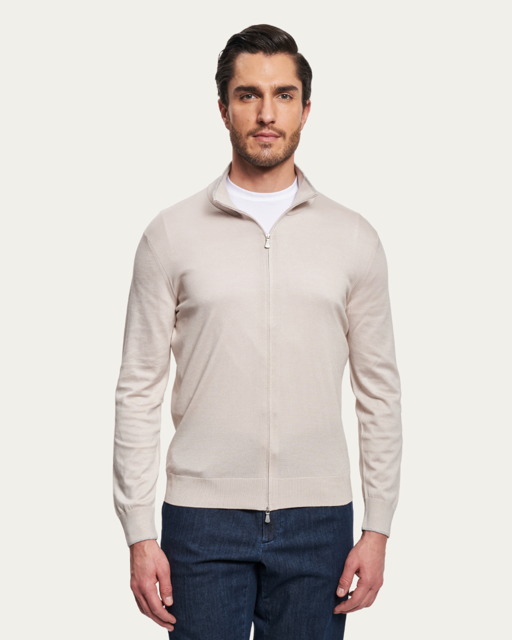 Beżowy sweter z jedwabiu i bawełny z zamkiem błyskawicznym | BERG’S