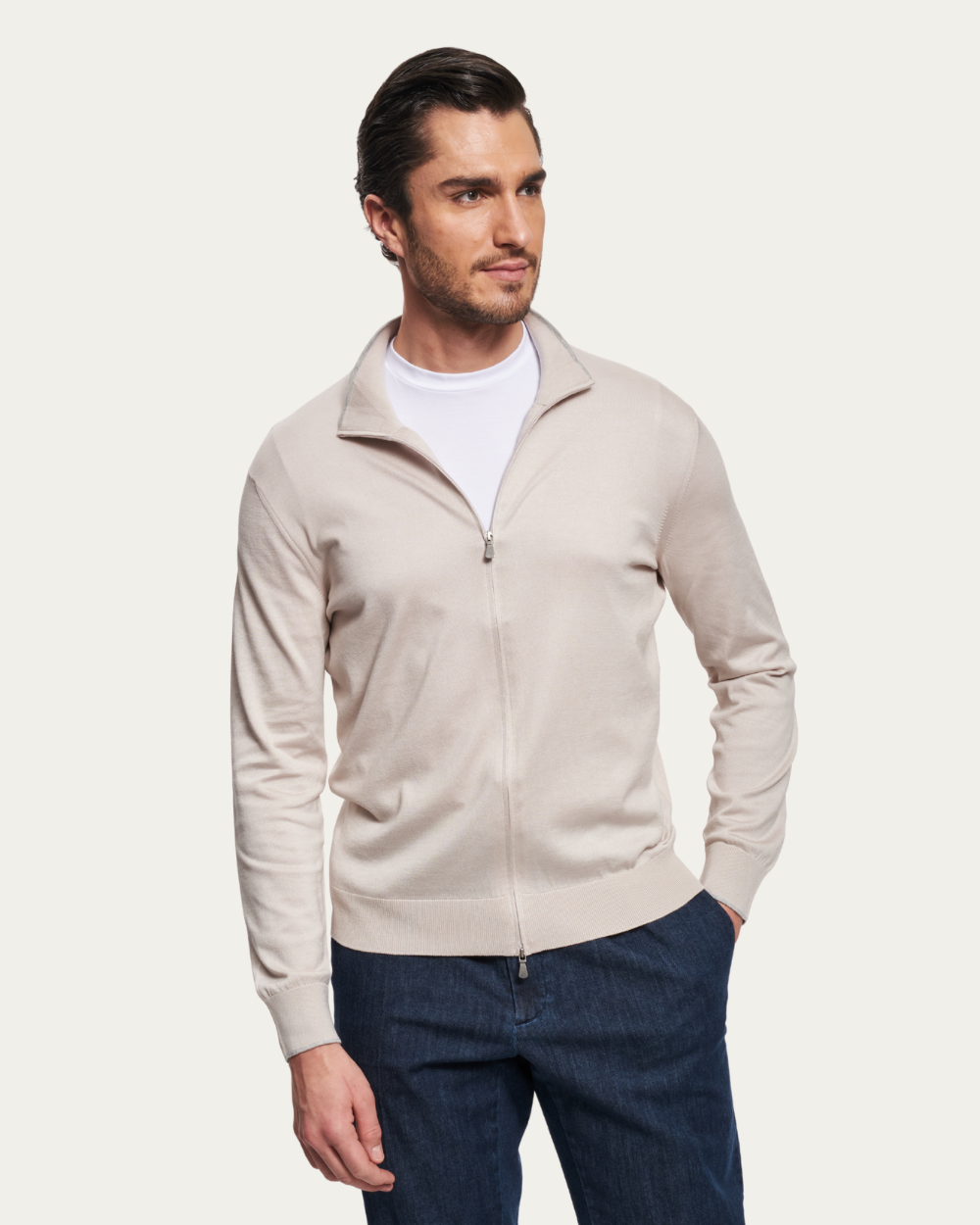 Beżowy sweter z jedwabiu i bawełny z zamkiem błyskawicznym | BERG’S