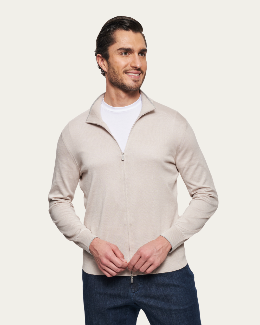 Beżowy sweter z jedwabiu i bawełny z zamkiem błyskawicznym | BERG’S