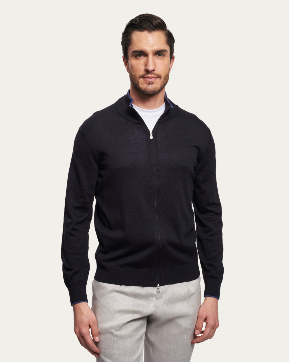 Granatowy sweter z jedwabiu i bawełny z zamkiem błyskawicznym | BERG’S