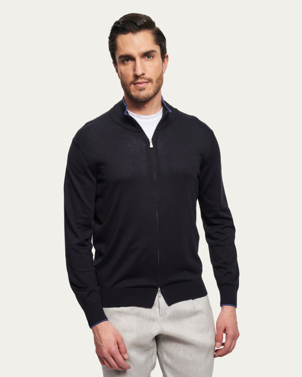 Granatowy sweter z jedwabiu i bawełny z zamkiem błyskawicznym | BERG’S