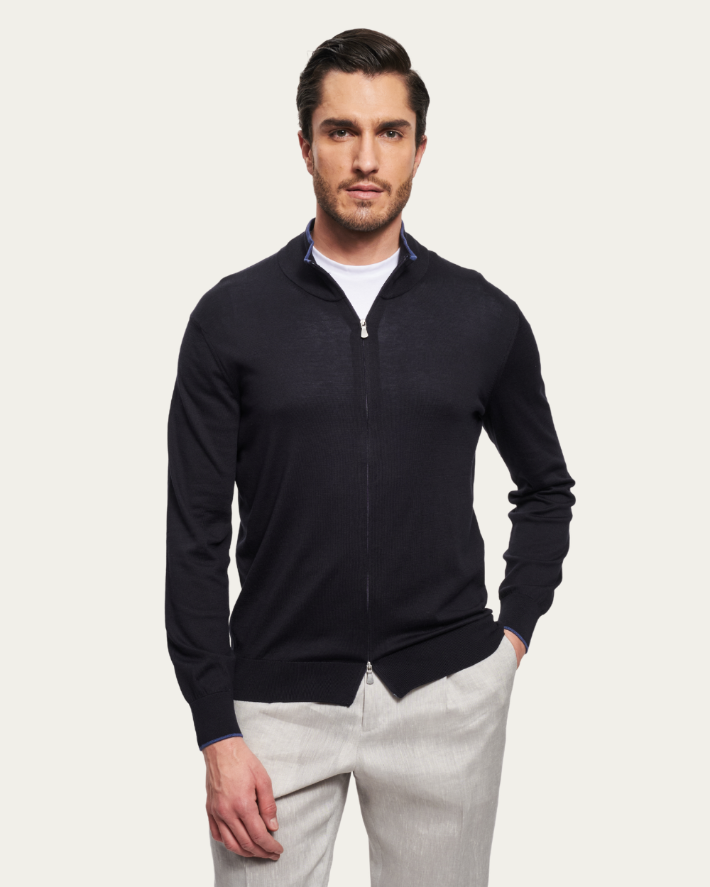 Granatowy sweter z jedwabiu i bawełny z zamkiem błyskawicznym | BERG’S