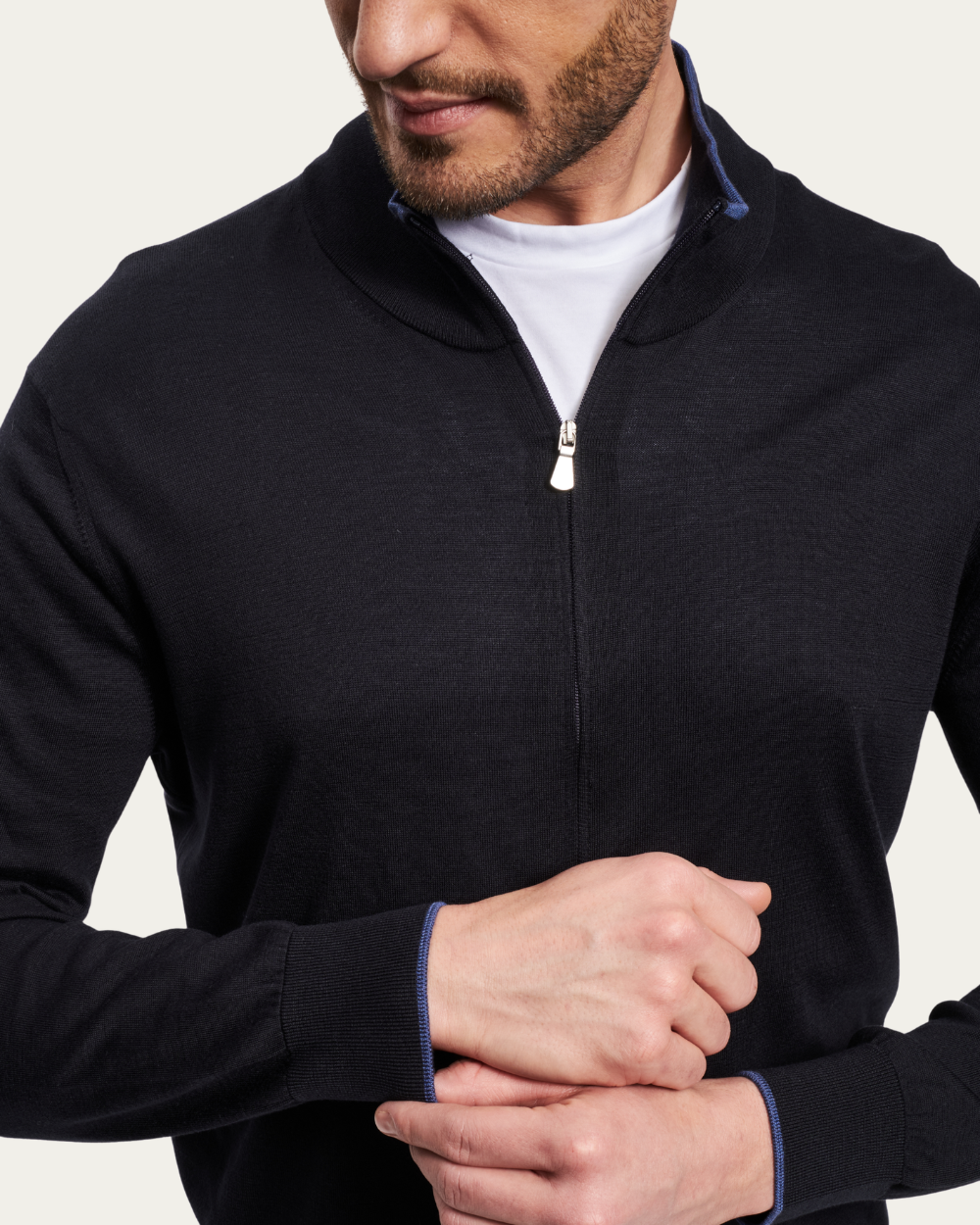 Granatowy sweter z jedwabiu i bawełny z zamkiem błyskawicznym | BERG’S