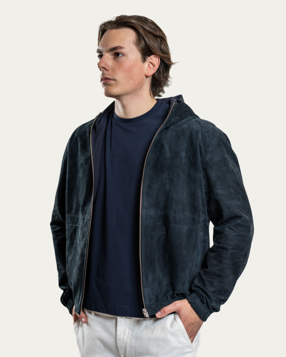 Granatowa dwustronna kurtka zamszowa z kapturem | Arma