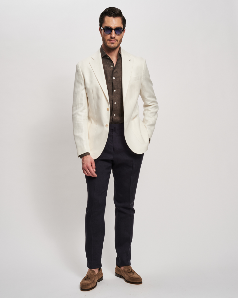 Marynarka jednorzędowa w jodełkę z lnu i bawełny w kolorze kości słoniowej | L.B.M 1911