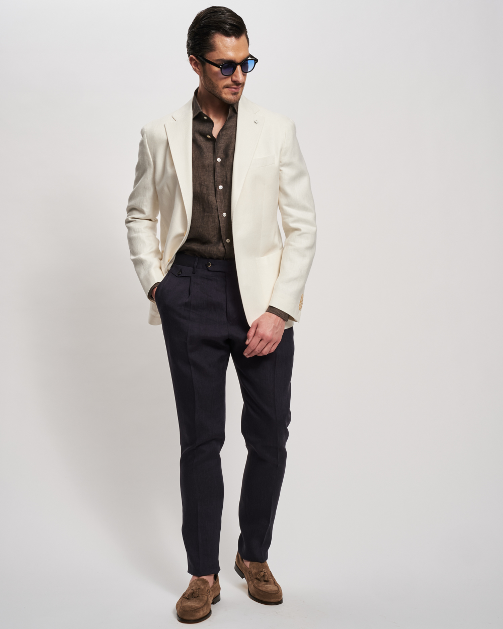 Marynarka jednorzędowa w jodełkę z lnu i bawełny w kolorze kości słoniowej | L.B.M 1911