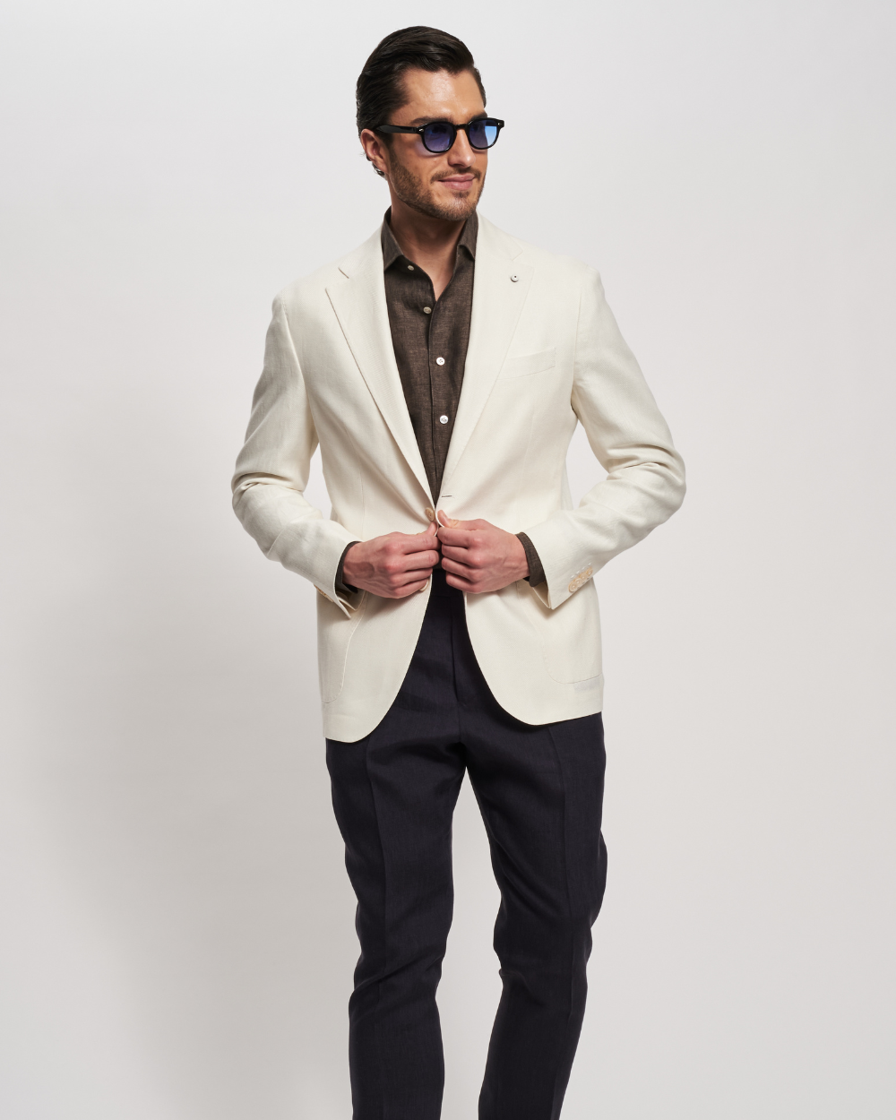 Marynarka jednorzędowa w jodełkę z lnu i bawełny w kolorze kości słoniowej | L.B.M 1911