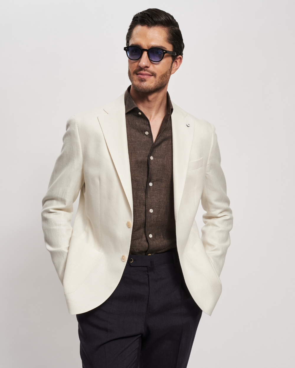 Marynarka jednorzędowa w jodełkę z lnu i bawełny w kolorze kości słoniowej | L.B.M 1911