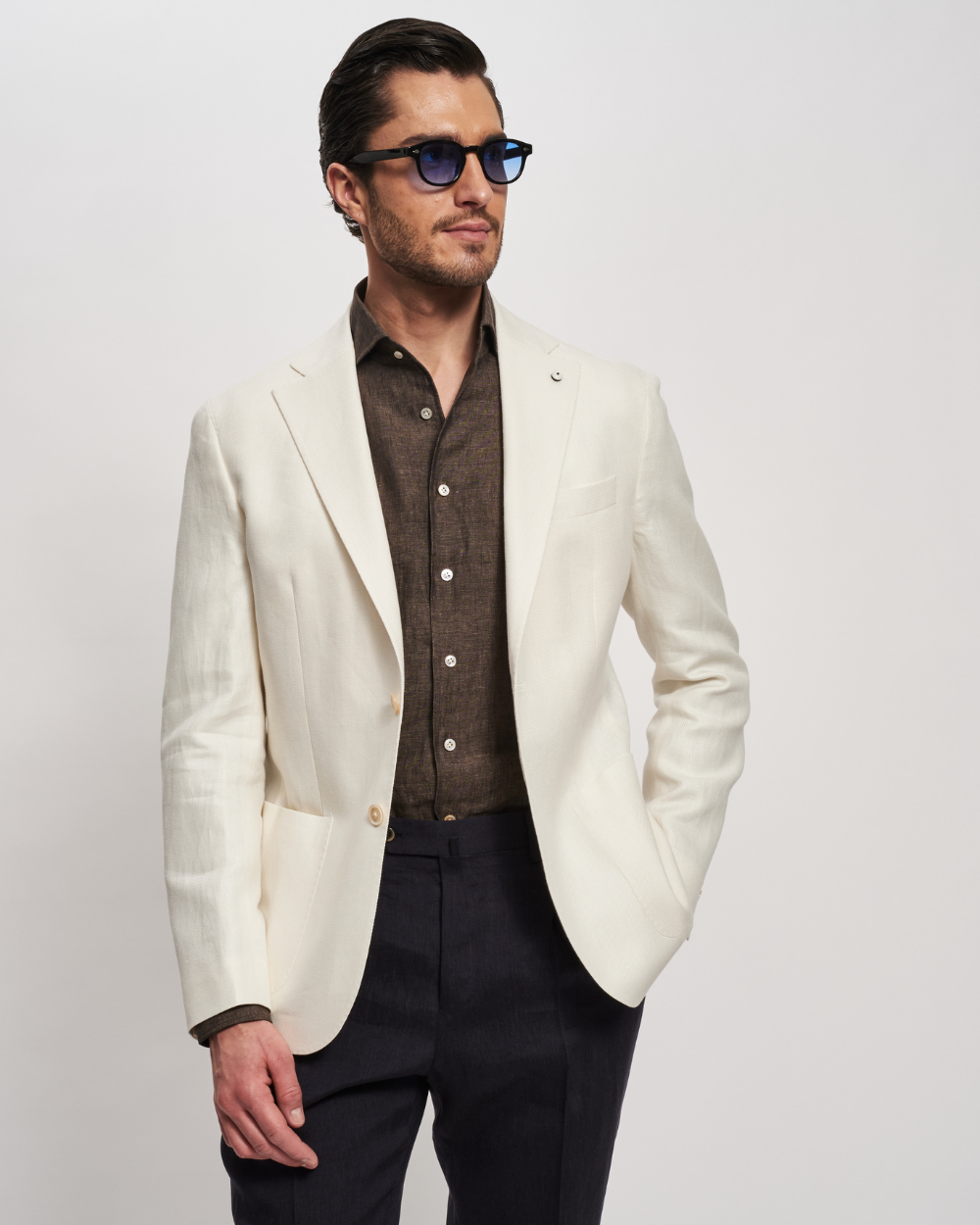 Marynarka jednorzędowa w jodełkę z lnu i bawełny w kolorze kości słoniowej | L.B.M 1911