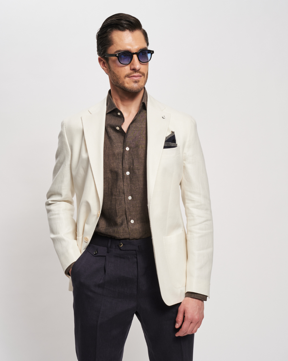 Marynarka jednorzędowa w jodełkę z lnu i bawełny w kolorze kości słoniowej | L.B.M 1911