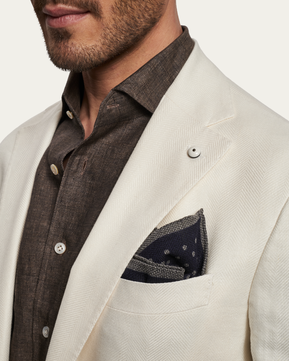 Marynarka jednorzędowa w jodełkę z lnu i bawełny w kolorze kości słoniowej | L.B.M 1911