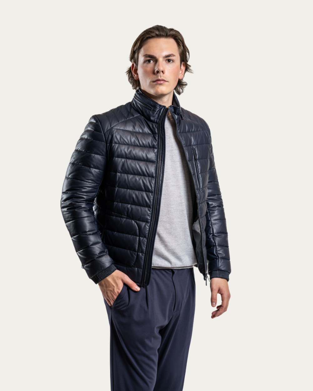 Heinz Bauer Manufaktur - Navy Blue Speedster Down Leather Jacket