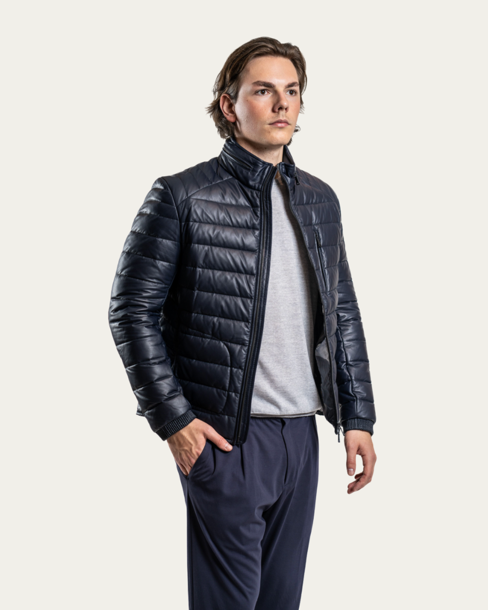 Granatowa kurtka skórzana Speedster z wypełnieniem z puchu | Heinz Bauer