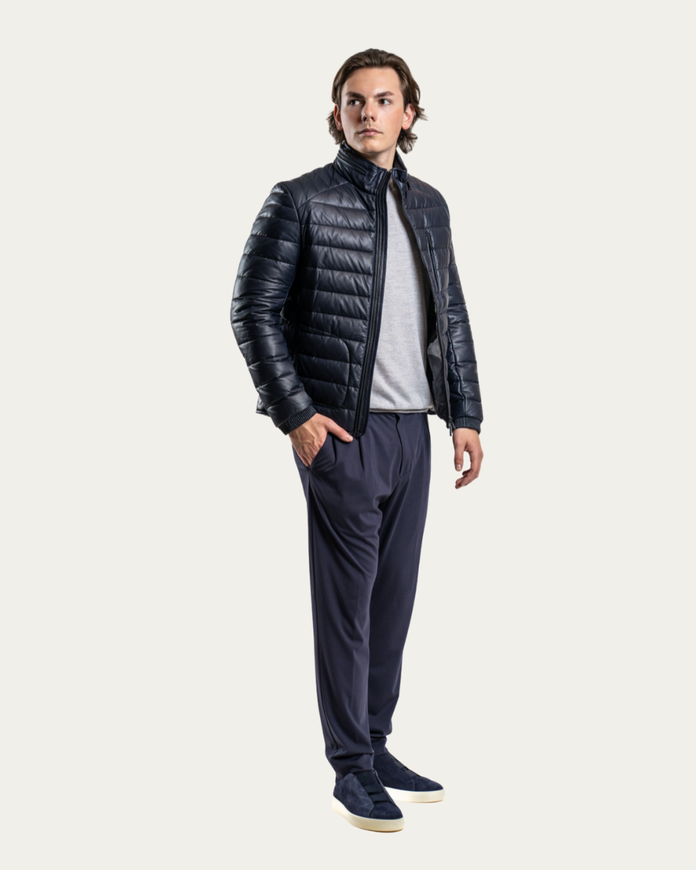 Granatowa kurtka skórzana Speedster z wypełnieniem z puchu | Heinz Bauer