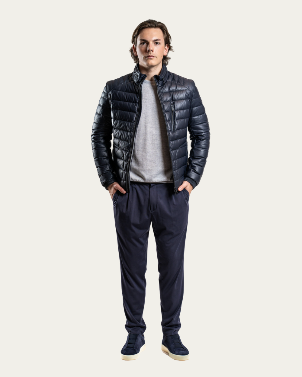 Granatowa kurtka skórzana Speedster z wypełnieniem z puchu | Heinz Bauer