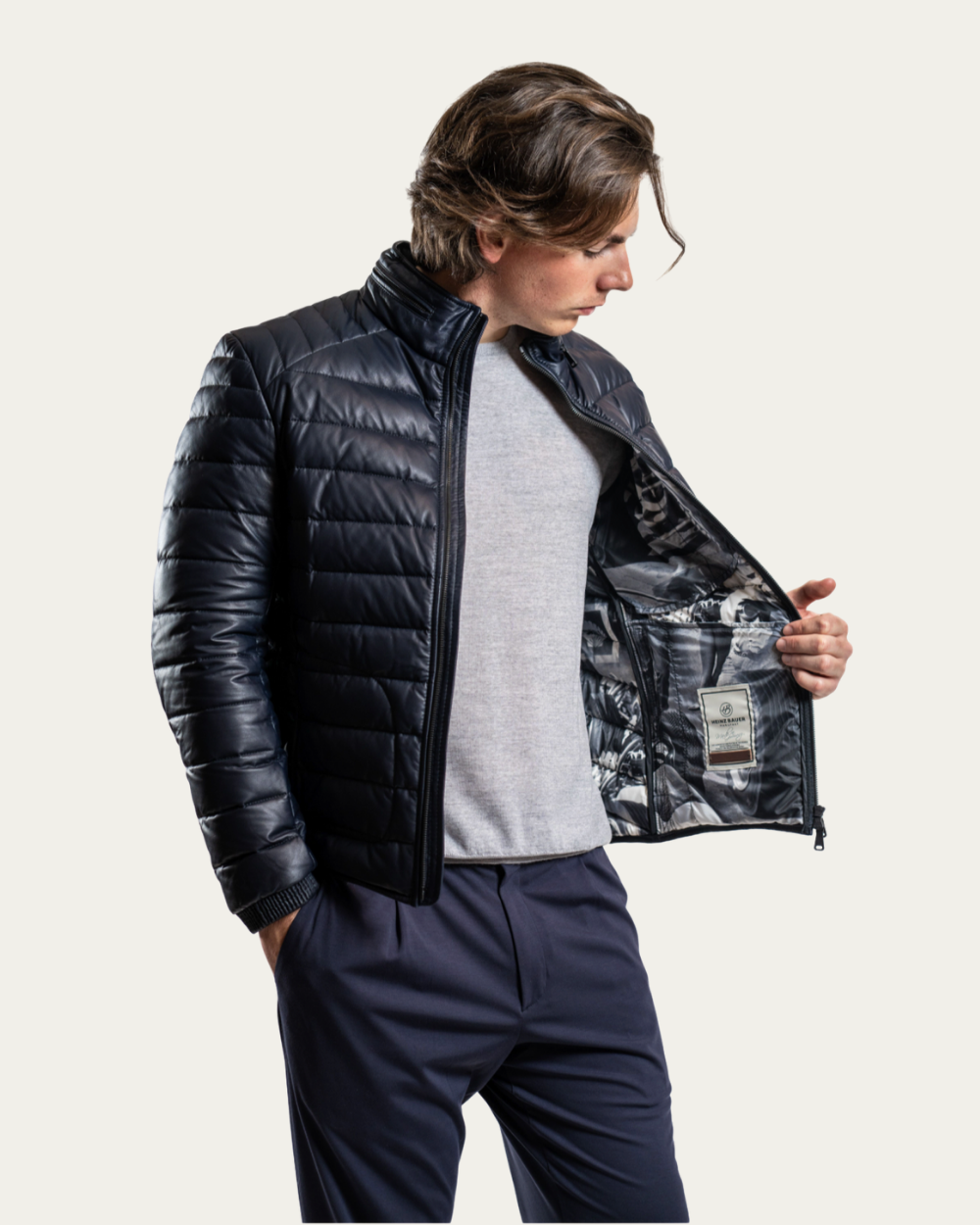 Heinz Bauer Manufaktur - Navy Blue Speedster Down Leather Jacket