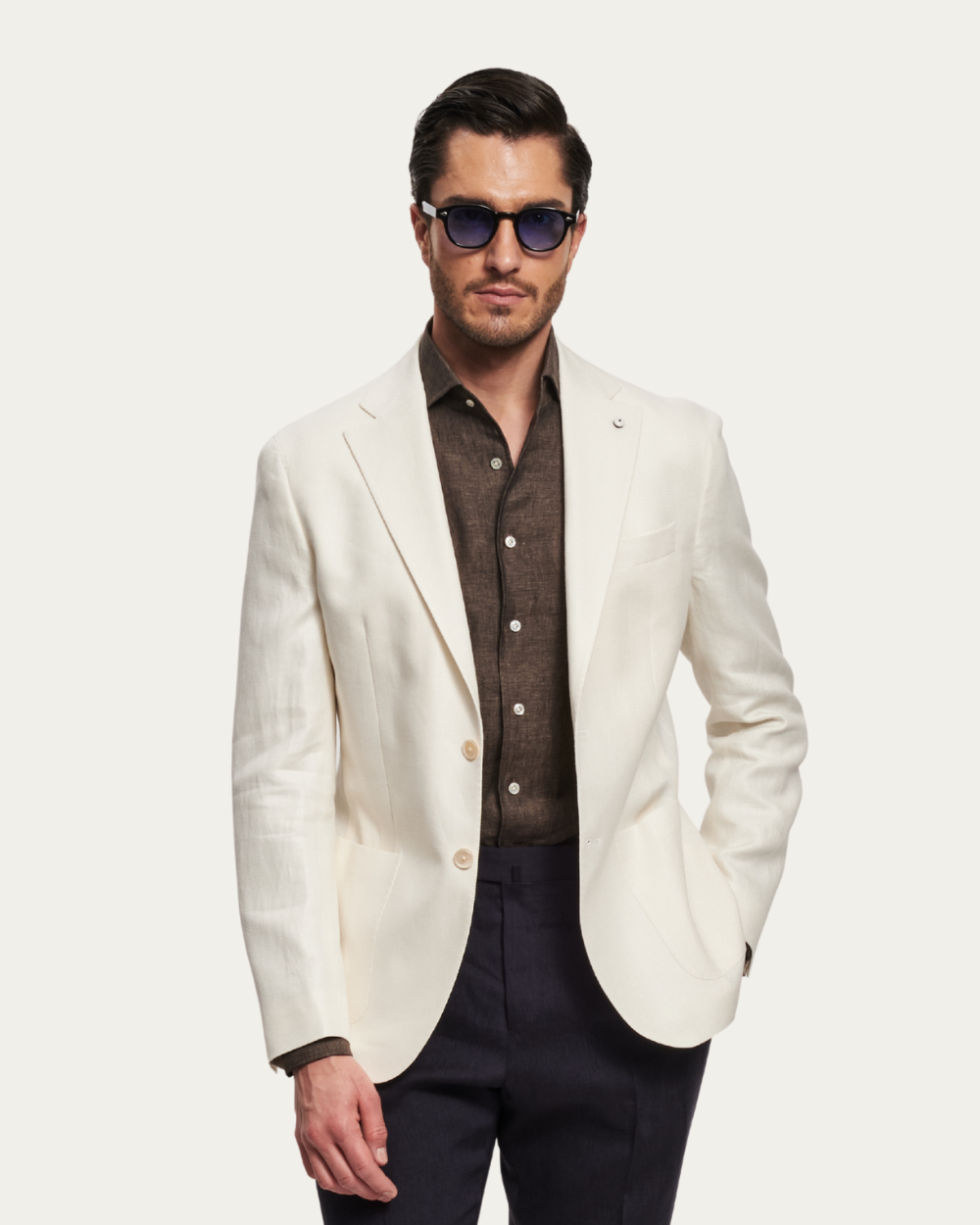 Marynarka jednorzędowa w jodełkę z lnu i bawełny w kolorze kości słoniowej | L.B.M 1911